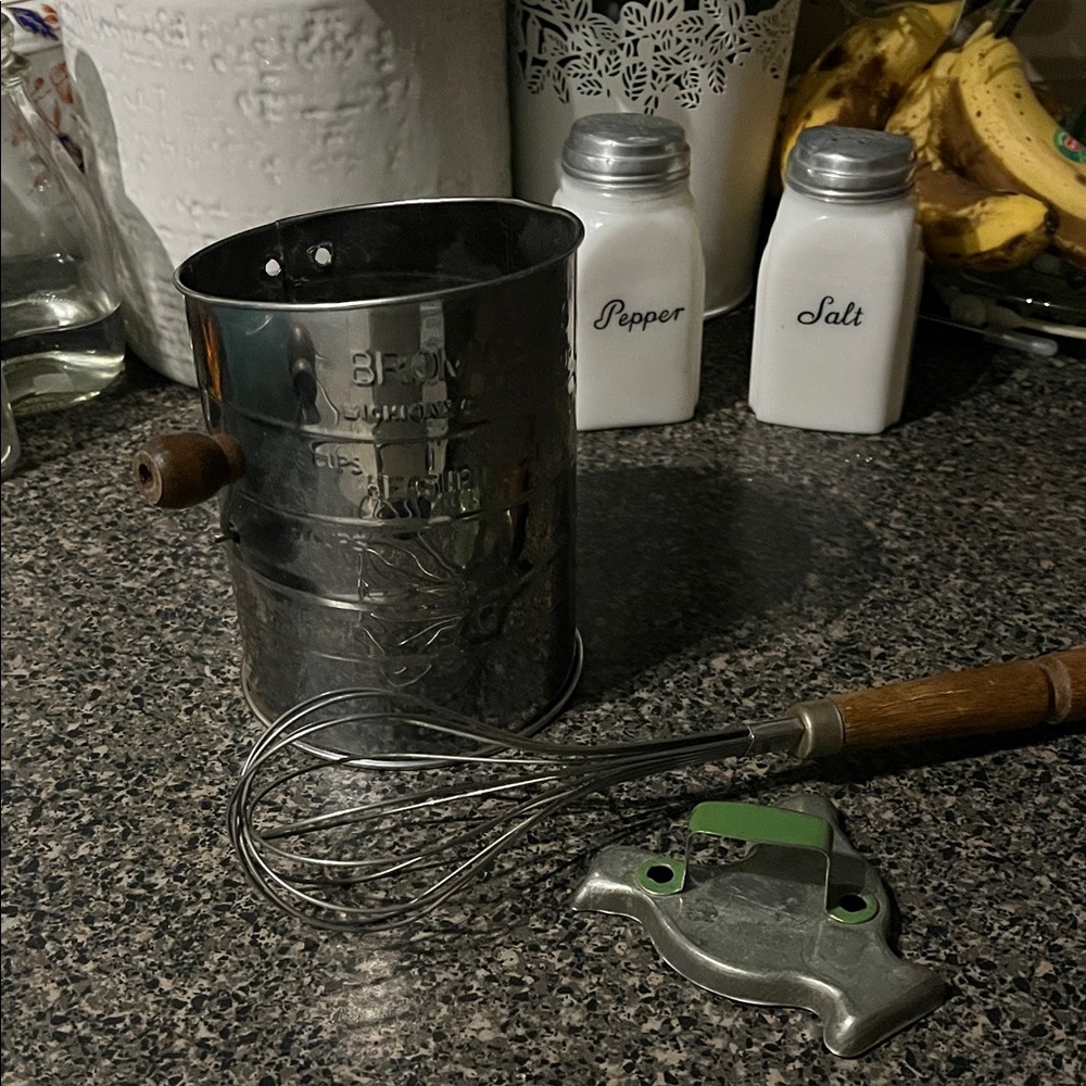 Vintage Baking Trio – Bromwell Sifter, Bonny Whisk, Chick Cookie Cutter